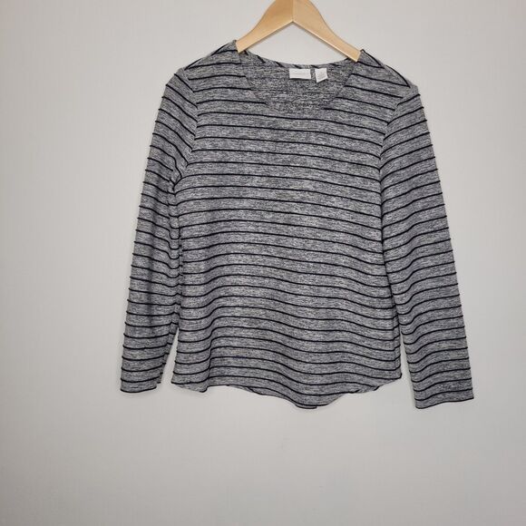 Weekends by Chicos blouse top women Size 1 Medium Gray blue Striped 3/4 Sleeve - Picture 1 of 8
